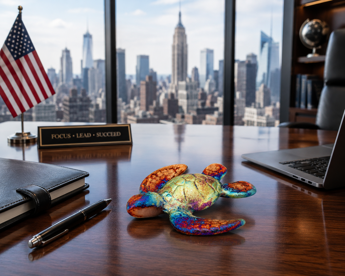 Colorful turtle figurine on a desk with a cityscape view through large windows.