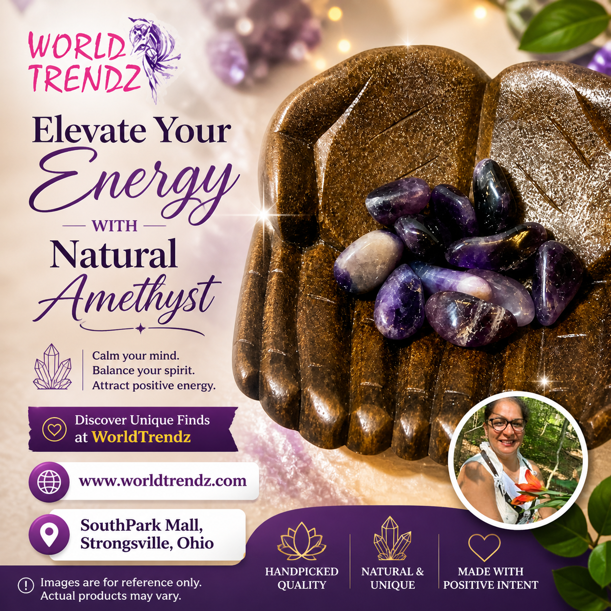 Advertisement for World Trendz featuring amethyst stones in a stone holder with promotional text.