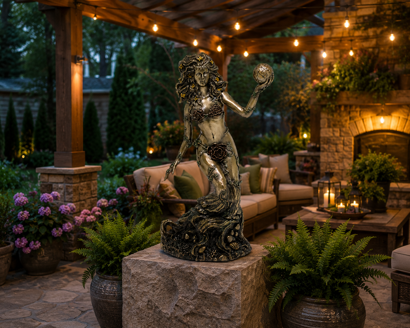 A bronze-finished Goddess Gaia statue stands on a stone pedestal in an outdoor patio setting at dusk, surrounded by potted ferns, string lights, a stone fireplace, and lounge seating.