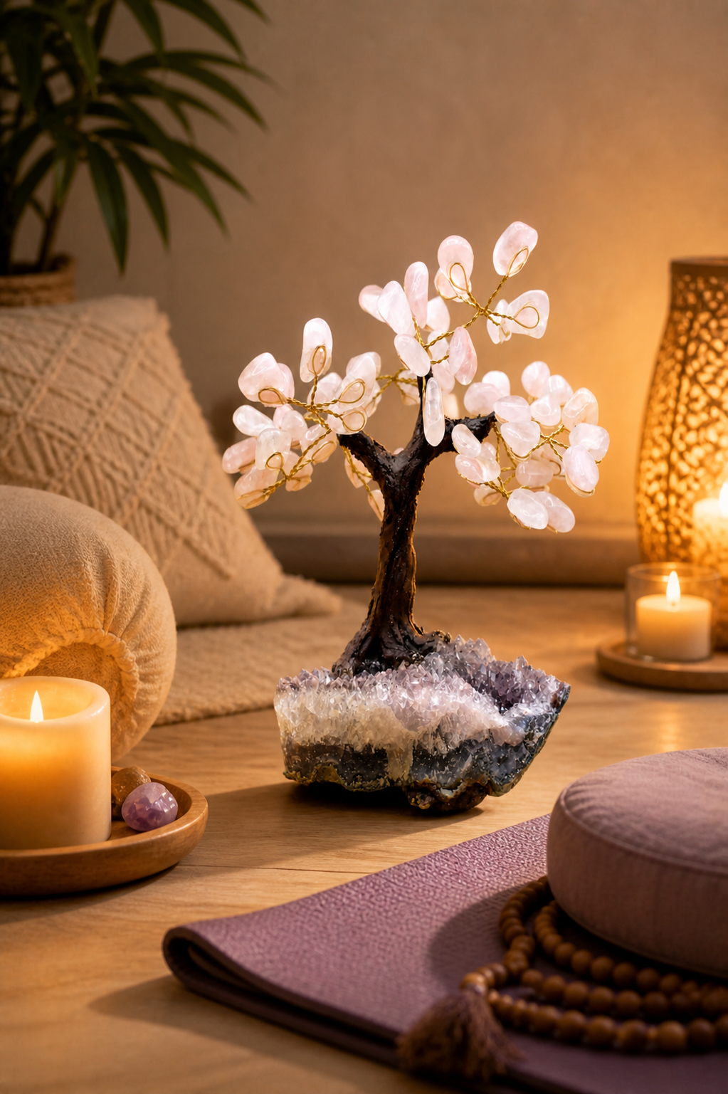 Rose quartz gemstone tree in a serene meditation corner with a yoga mat, candles, and soft cushions nearby.