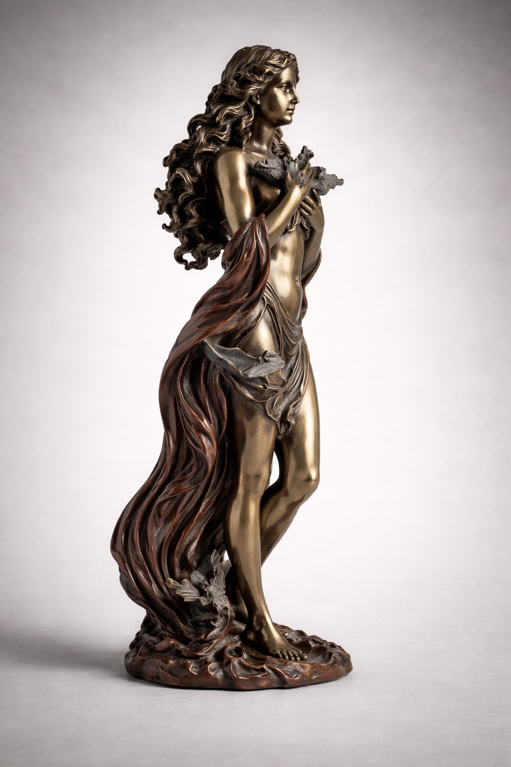 Bronze statue of Aphrodite holding flowers on a gray background