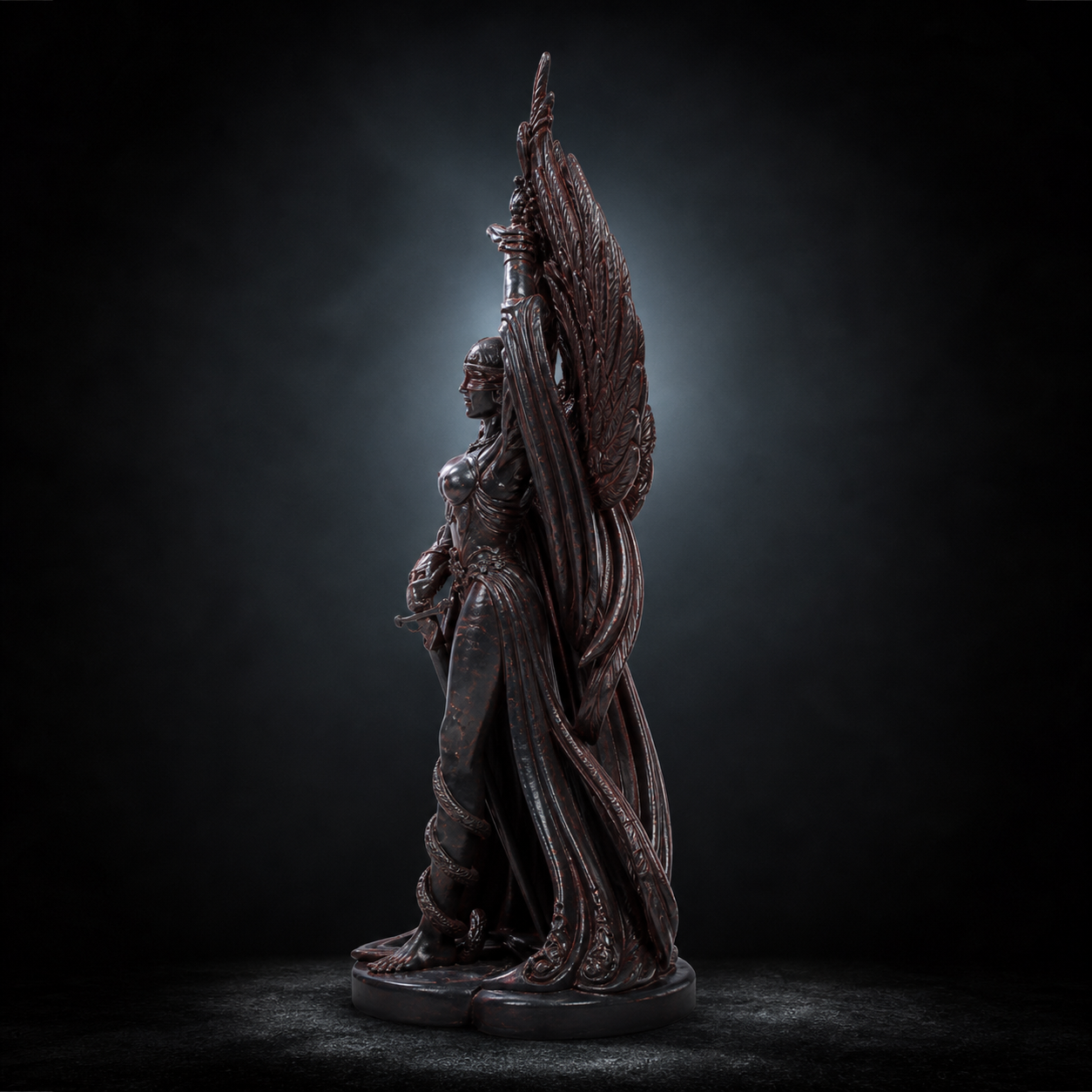 Statue of Goddess of War Morrigan with wings against a dark background