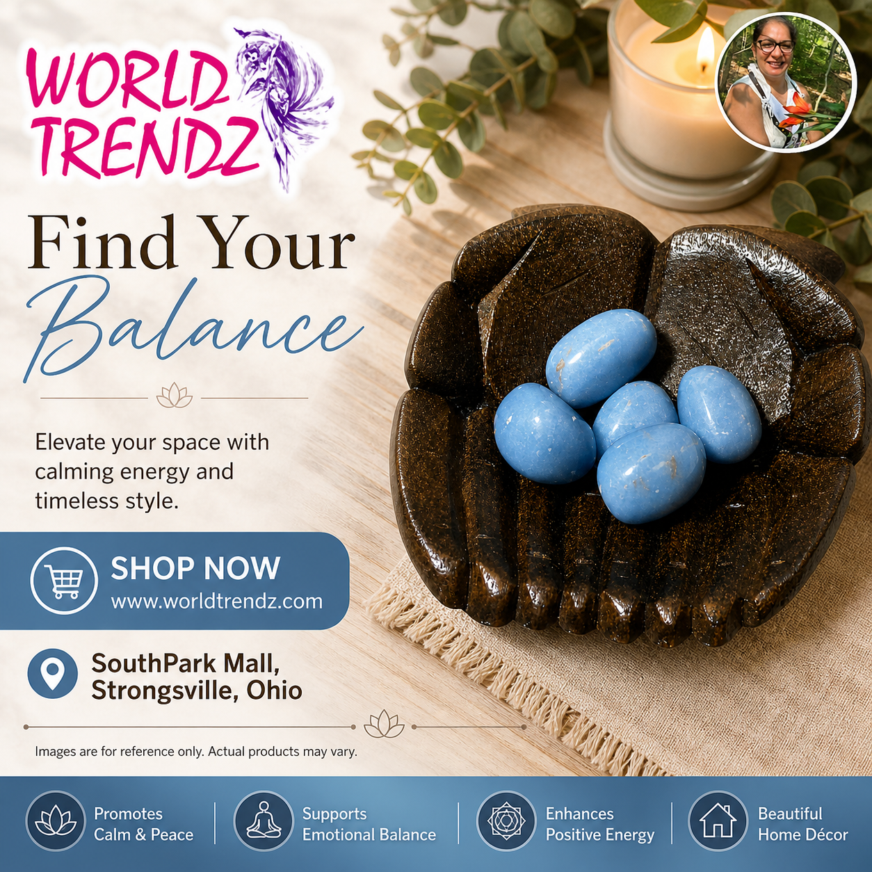 Advertisement for World Trendz featuring Angelite gemstone and text about finding balance.