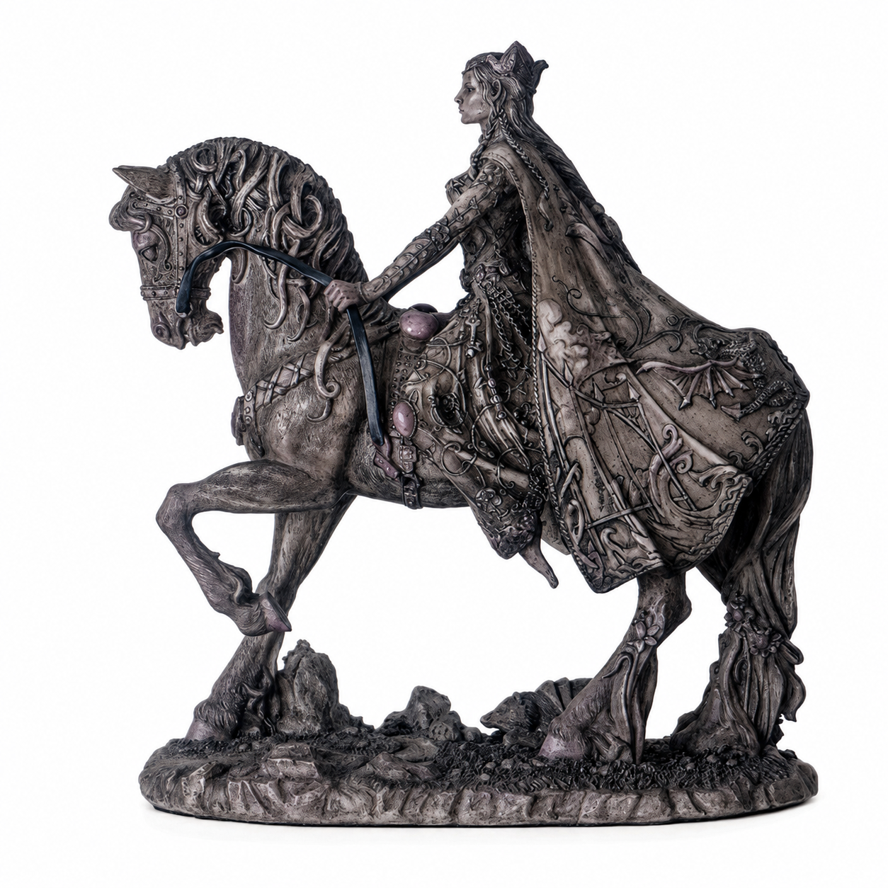 Freshwater Goddess Rhiannon on horseback with detailed armor and cape on a white background
