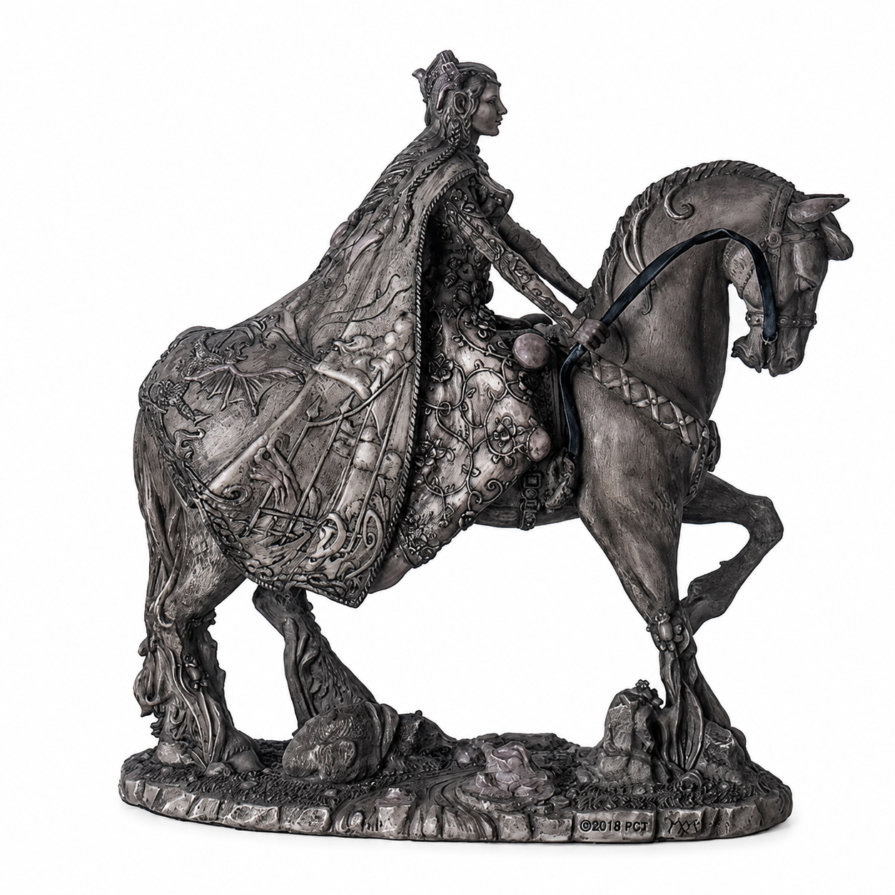 Freshwater Goddess Rhiannon on horseback with intricate detailing on a white background