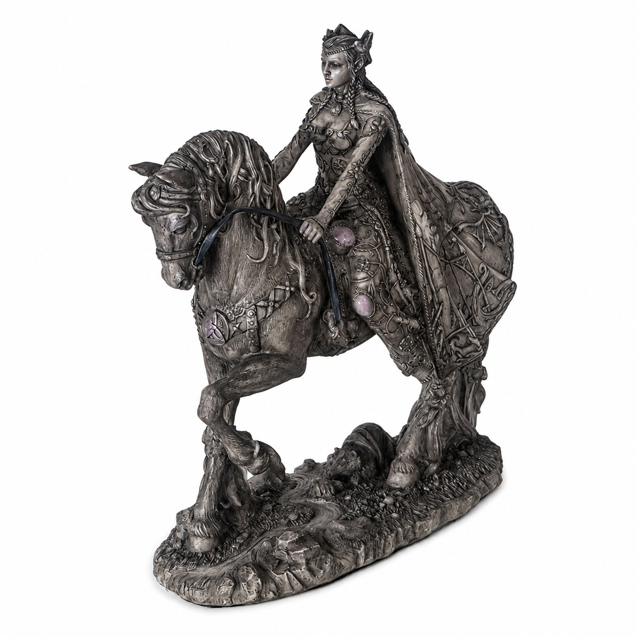Freshwater Goddess Rhiannon on horseback with detailed armor and cape on a white background