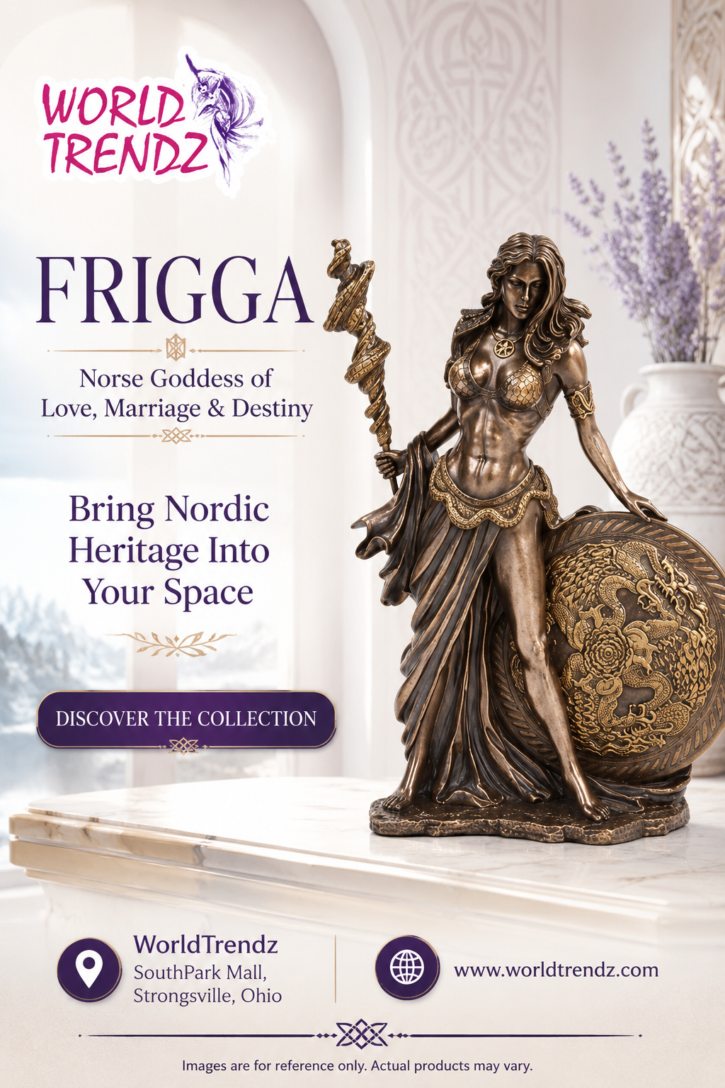 A bronze-toned Frigga Norse Goddess figurine holding a spear and standing beside a globe, displayed on a shelf in a softly styled interior. The left side contains promotional text for World Trendz, including the product name FRIGGA and branding.