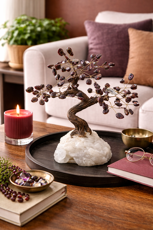 Decorative bonsai tree on a stone base with candles and books in a living room setting