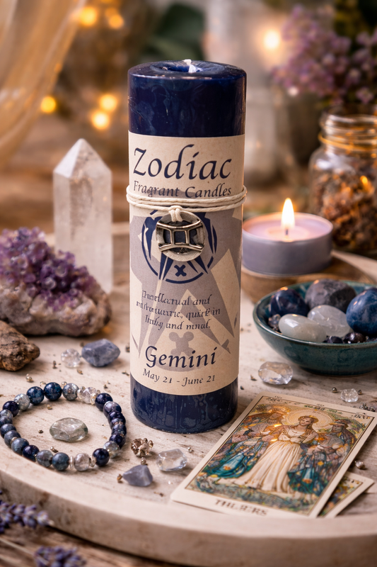 Zodiac candle labeled 'Gemini' surrounded by crystals, stones, and tarot cards on a wooden surface.