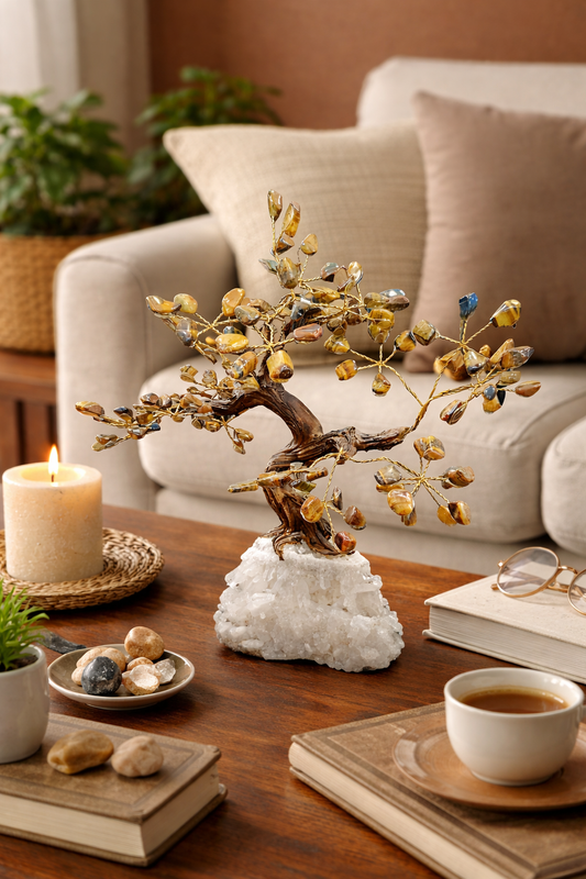 Decorative bonsai tree on a table with a candle, books, and a cup of coffee in a cozy living room.