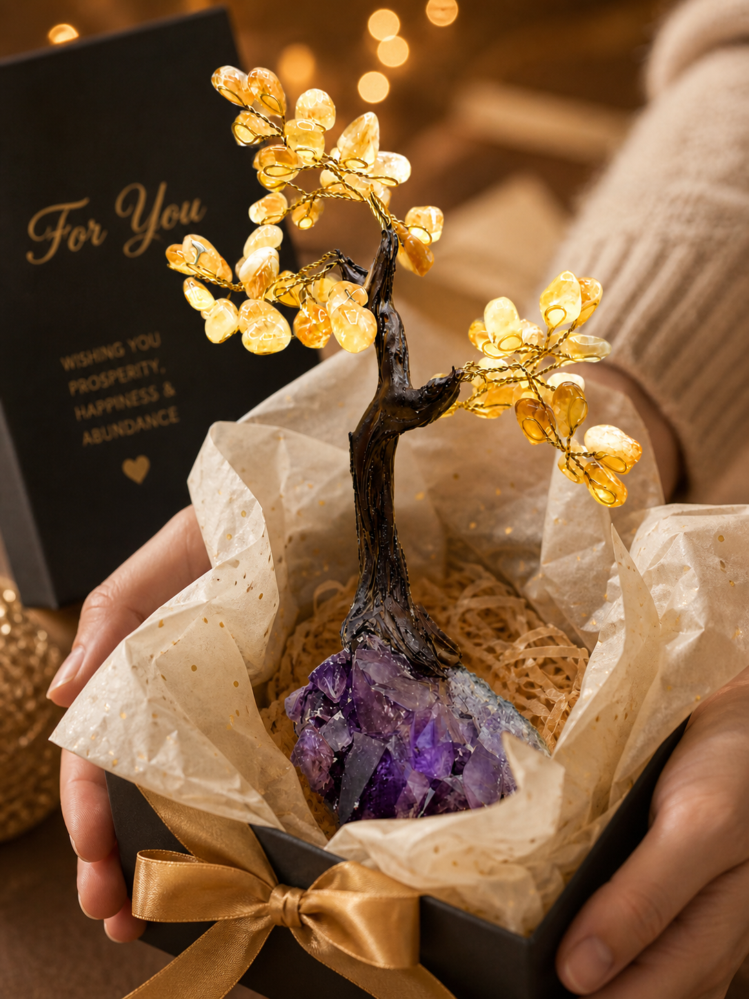 A close-up of hands presenting the citrine gemstone tree as a thoughtful gift, wrapped partially in decorative paper, emphasizing its use as a meaningful and luxurious present.