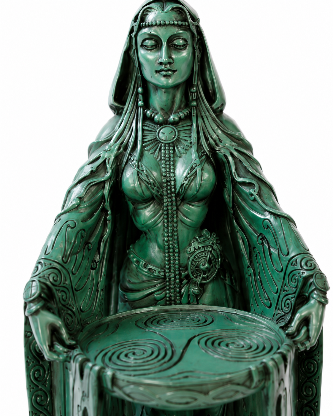 Goddess Danu statue, preserving all original facial features, jewelry, robe engravings, spiral altar carvings, metallic textures, and green patina.