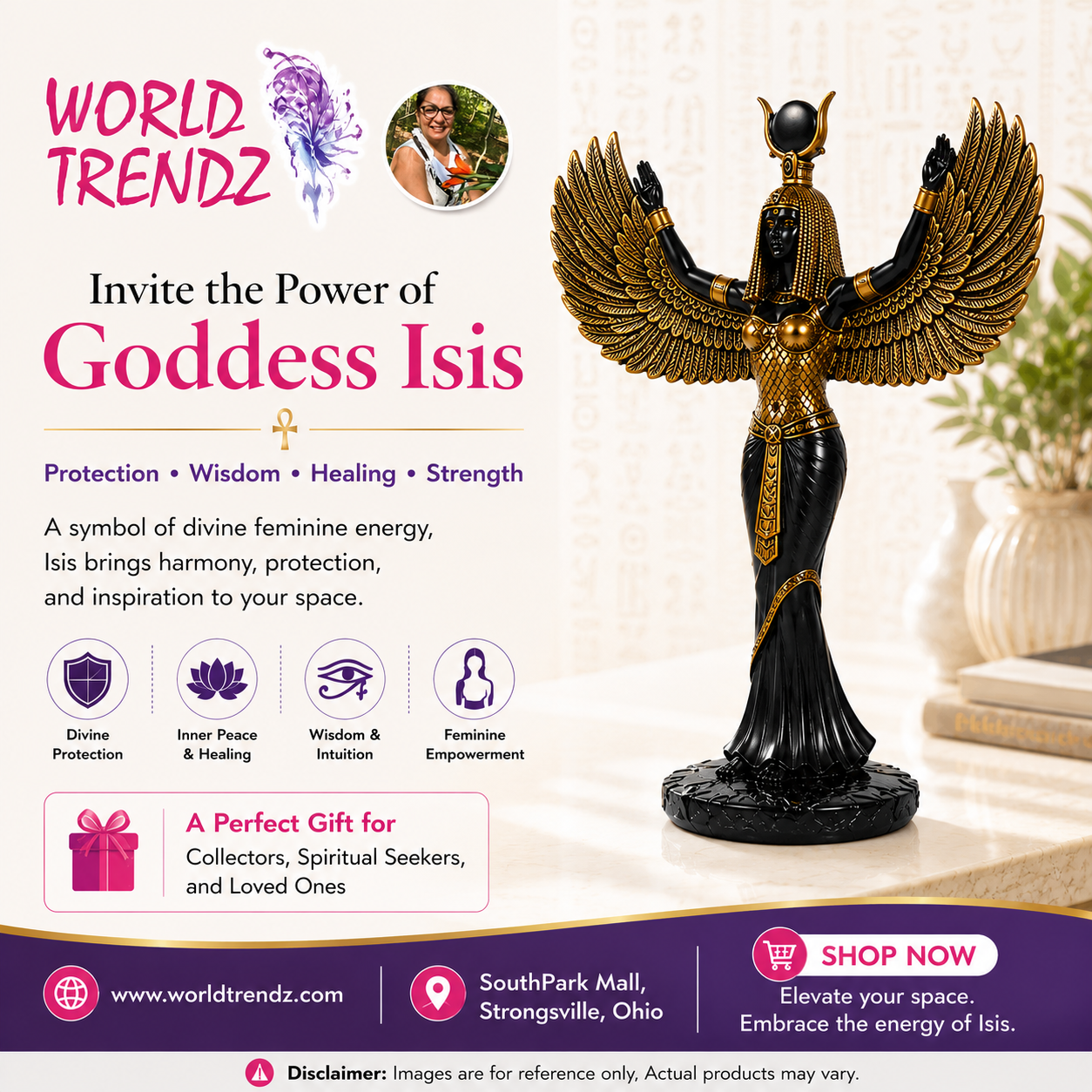 Advertisement for Isis Mythological Black Finish statue with promotional text and branding.
