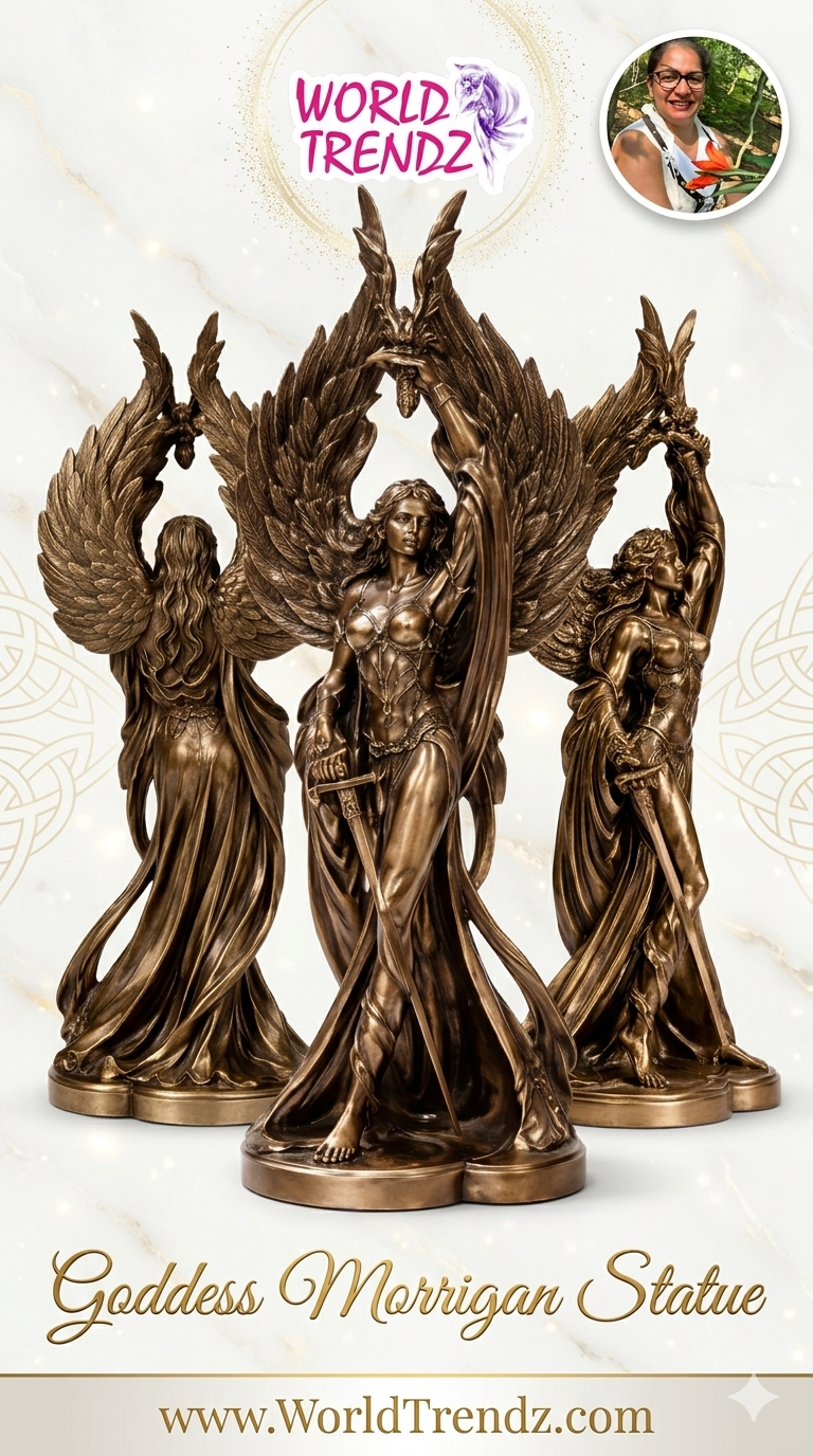 Bronze statue of a goddess Morrigan with wings on a white background, featuring 'World Trendz' branding.