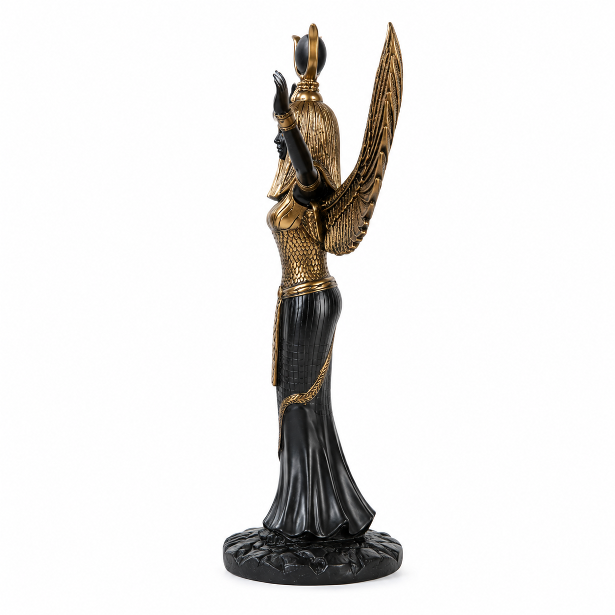 Isis Mythological Black Finish Statue with gold detailing on a white background