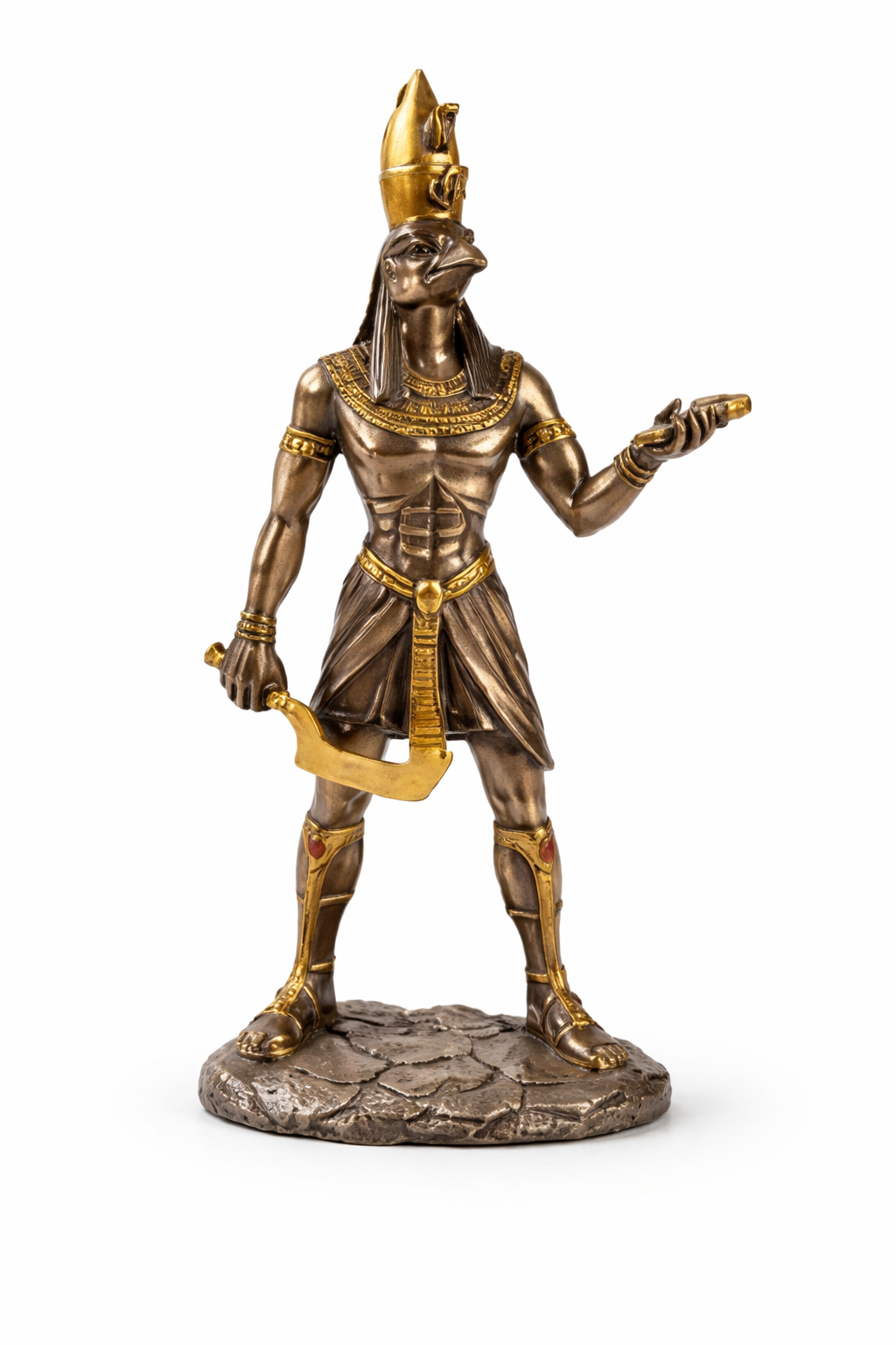 Bronze-colored Egyptian Horus figurine on a white background