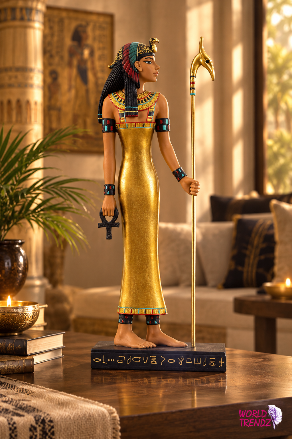 Ancient Hieroglyph Inspired Goddess Isis in Warm Interior