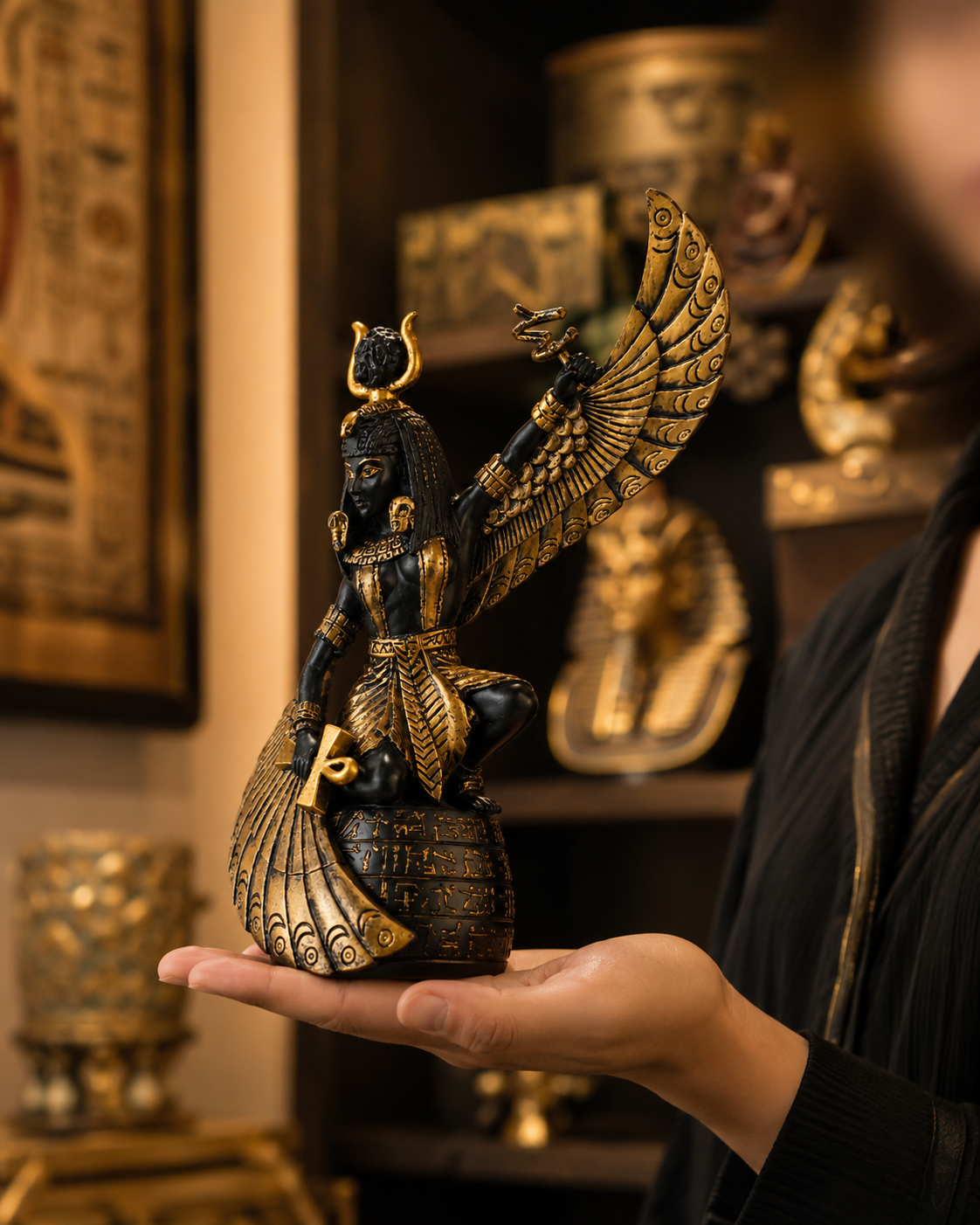 Person holding a detailed figurine of Goddess of Fertility Isis, a winged Egyptian deity in a decorative setting.