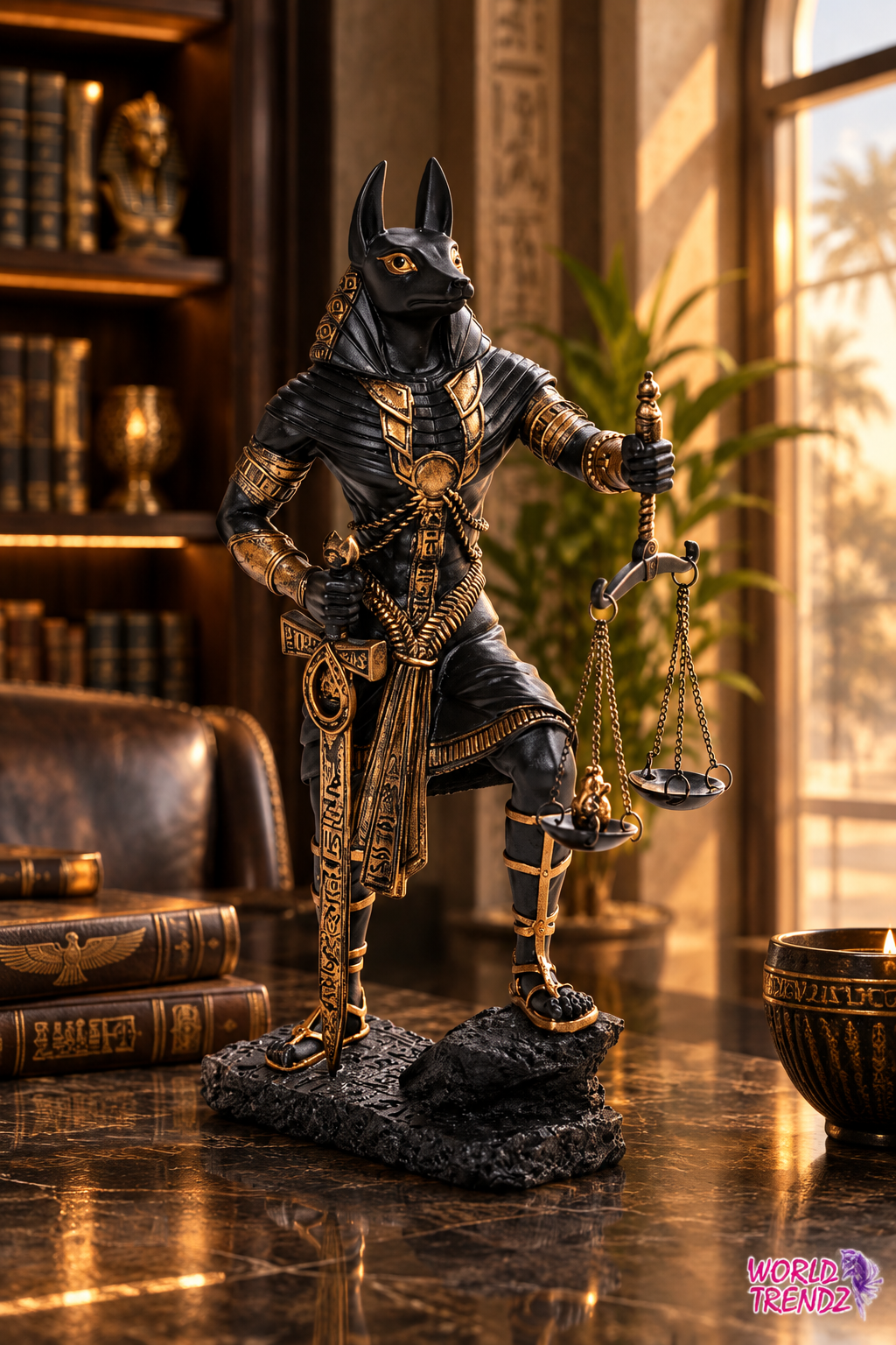A detailed statue of Judgement of Anubis, the Egyptian god of justice, depicted in black and gold armor holding a scale of justice, set on a polished wooden table in a warm, sunlit study.