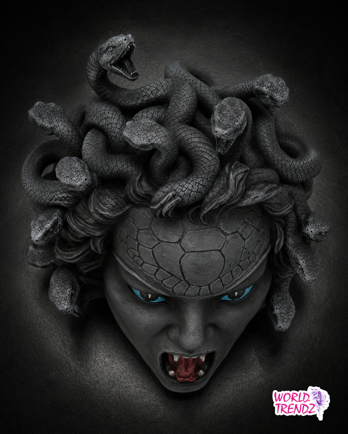 A gothic-style decorative sculpture of Medusa head with snakes coiled through her hair, rendered in dark charcoal gray tones with bright blue eyes and a small red tongue, set against a dark textured background. A 'World Trendz' logo is visible in the bottom right corner.