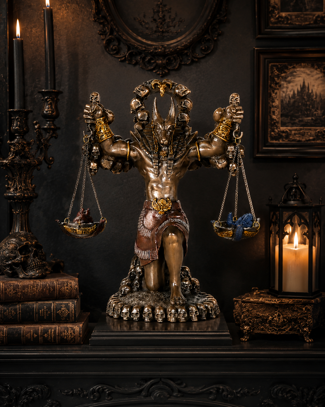 Anubis Guardian of the Scales in an ornate setting with candles and books.