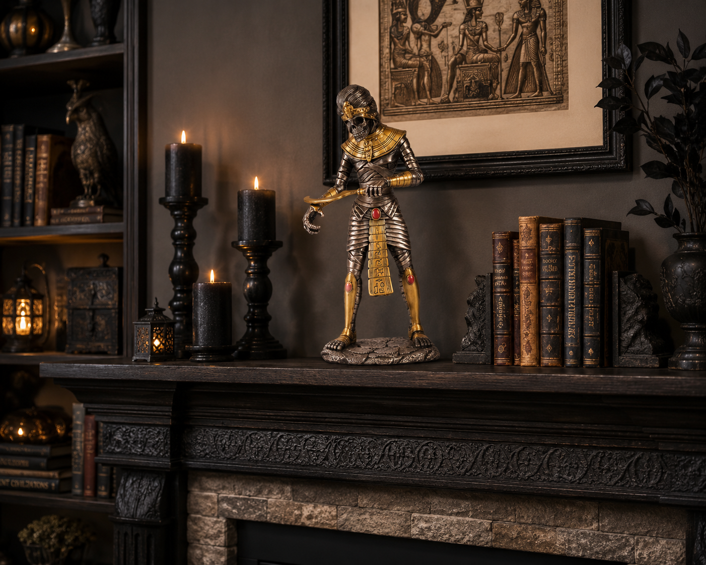 Statue of Egyptian Mummy on a mantelpiece with candles and books in a dimly lit room.