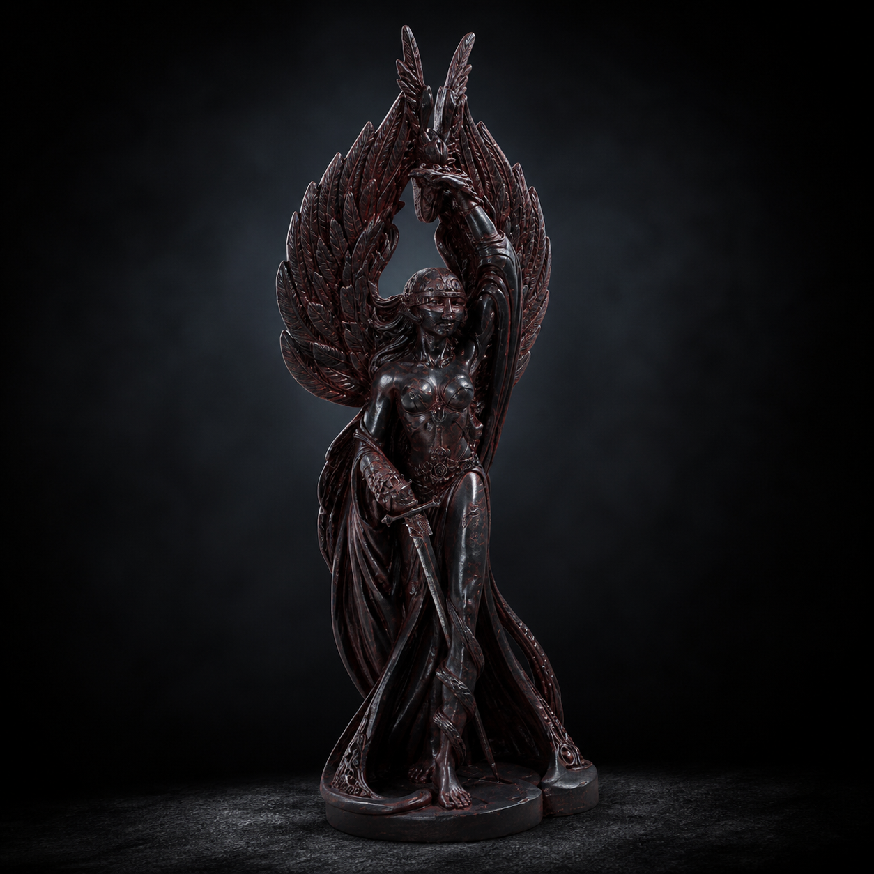 Left angle view of a gothic Morrigan war goddess figurine, dramatic shadows, textured resin surface, dark fantasy mood, studio-quality lighting, premium collectible presentation
