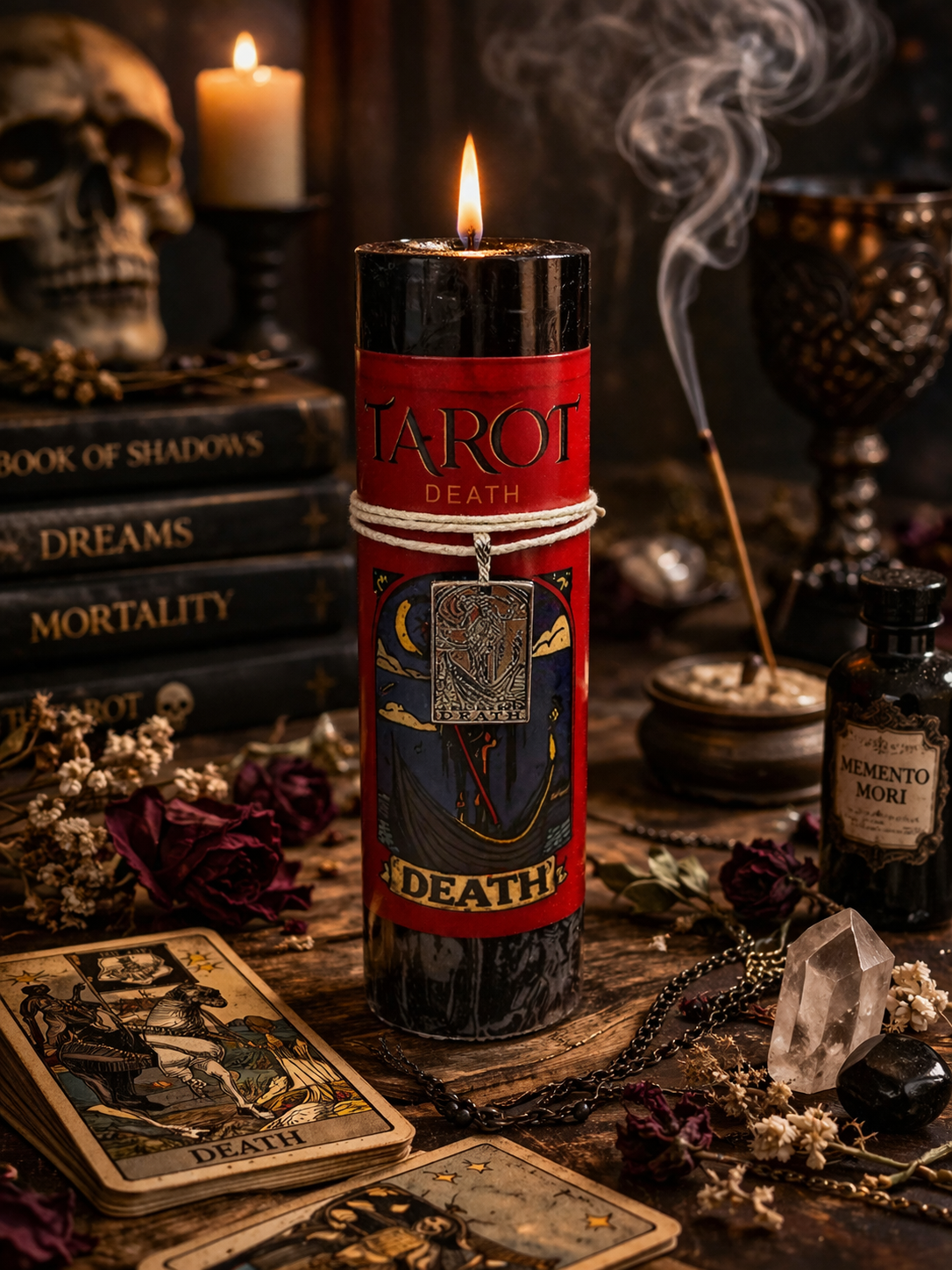 Tarot-themed candle with tarot cards and mystical items on a dark background