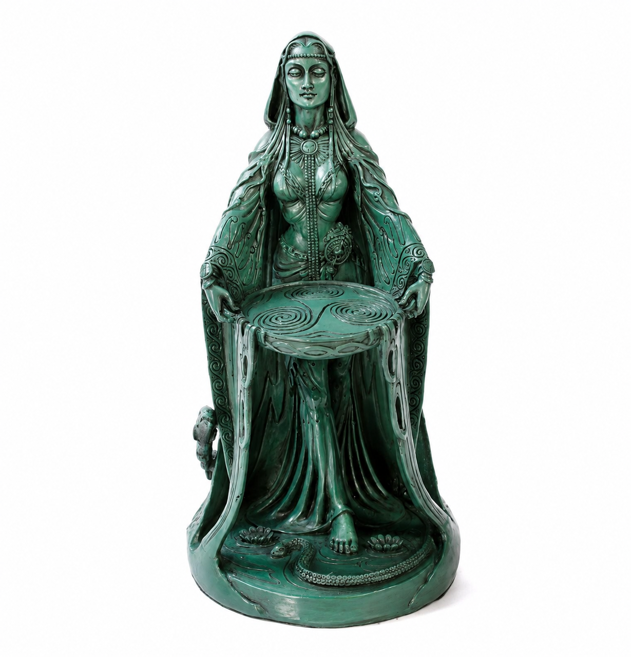 Goddess Danu statue from a perfectly centered front-facing hero angle, preserving 100% of the original sculpture, facial expression, robe details, Celtic engravings, spiral altar patterns, serpent base carving, proportions, textures, and green metallic patina finish.