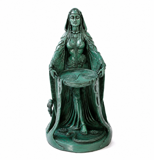 Goddess Danu statue from a perfectly centered front-facing hero angle, preserving 100% of the original sculpture, facial expression, robe details, Celtic engravings, spiral altar patterns, serpent base carving, proportions, textures, and green metallic patina finish.