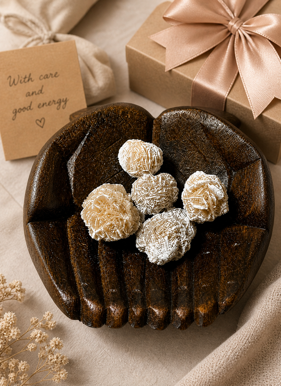 An artistic still life of desert rose stones cradled in wooden hands, conveying themes of gifting, care, and meaningful exchange. The composition suggests use as a thoughtful spiritual or decorative gift, with lighting highlighting craftsmanship and the delicate mineral formations while preserving the original image integrity.