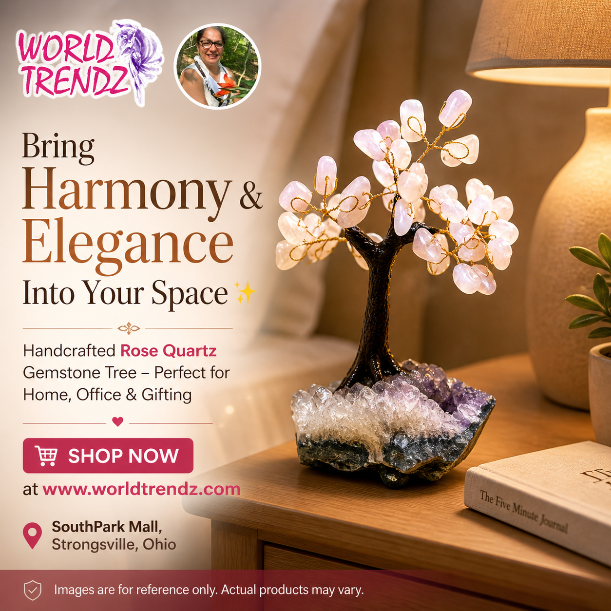 Advertisement of handcrafted Rose Quartz Gemstone Tree branding by WorldTrendz
