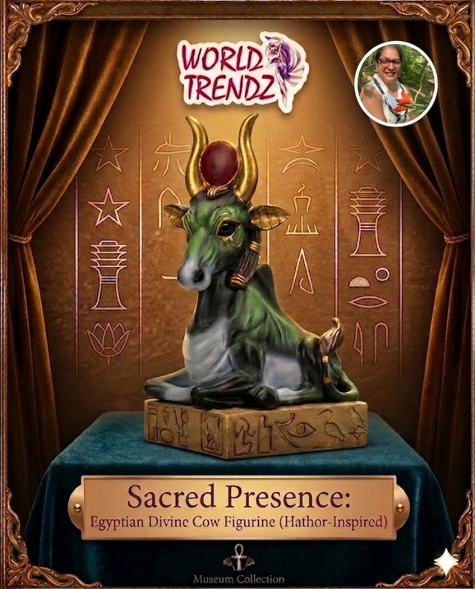 Egyptian divine cow Hathor on a blue platform with 'World Trendz' branding.
