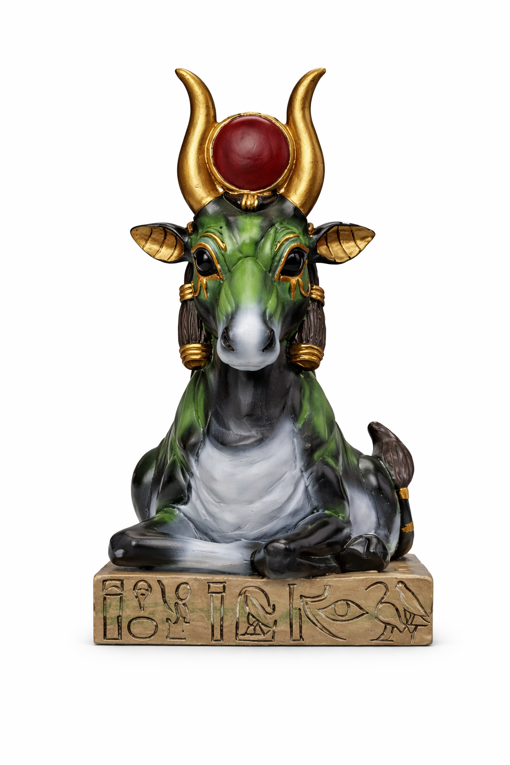 Statue of a bull with solar disk and headdress on a white background