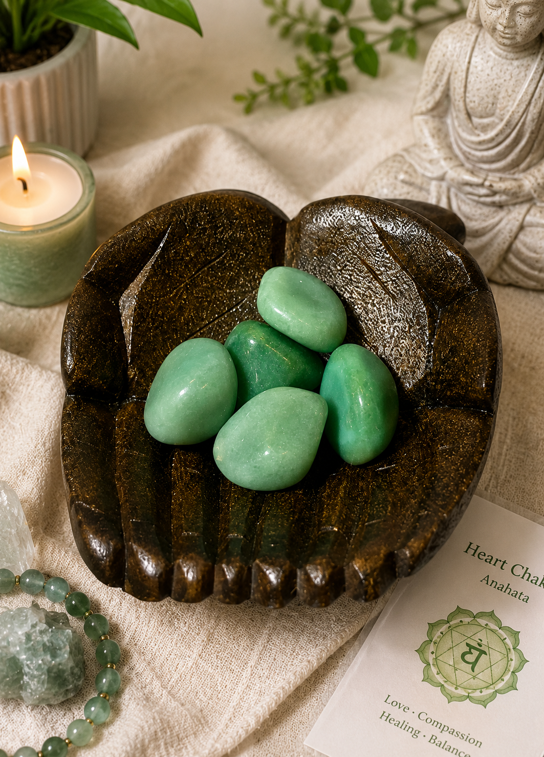 A serene visual of aventurine gemstones resting in a carved wooden hand bowl, representing their use in crystal healing practices. The image suggests a user utilizing the stones for promoting well-being and heart chakra alignment, with enhanced clarity emphasizing their soothing green tones.