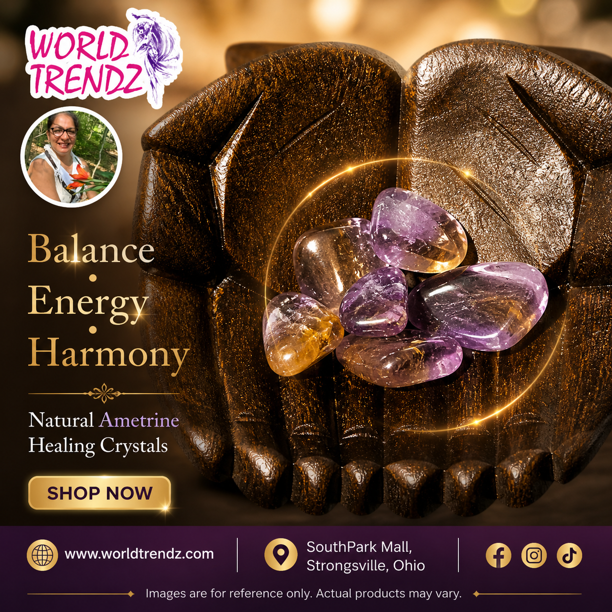 Healing Ametrine crystals in a wooden hand sculpture with World Trendz branding.