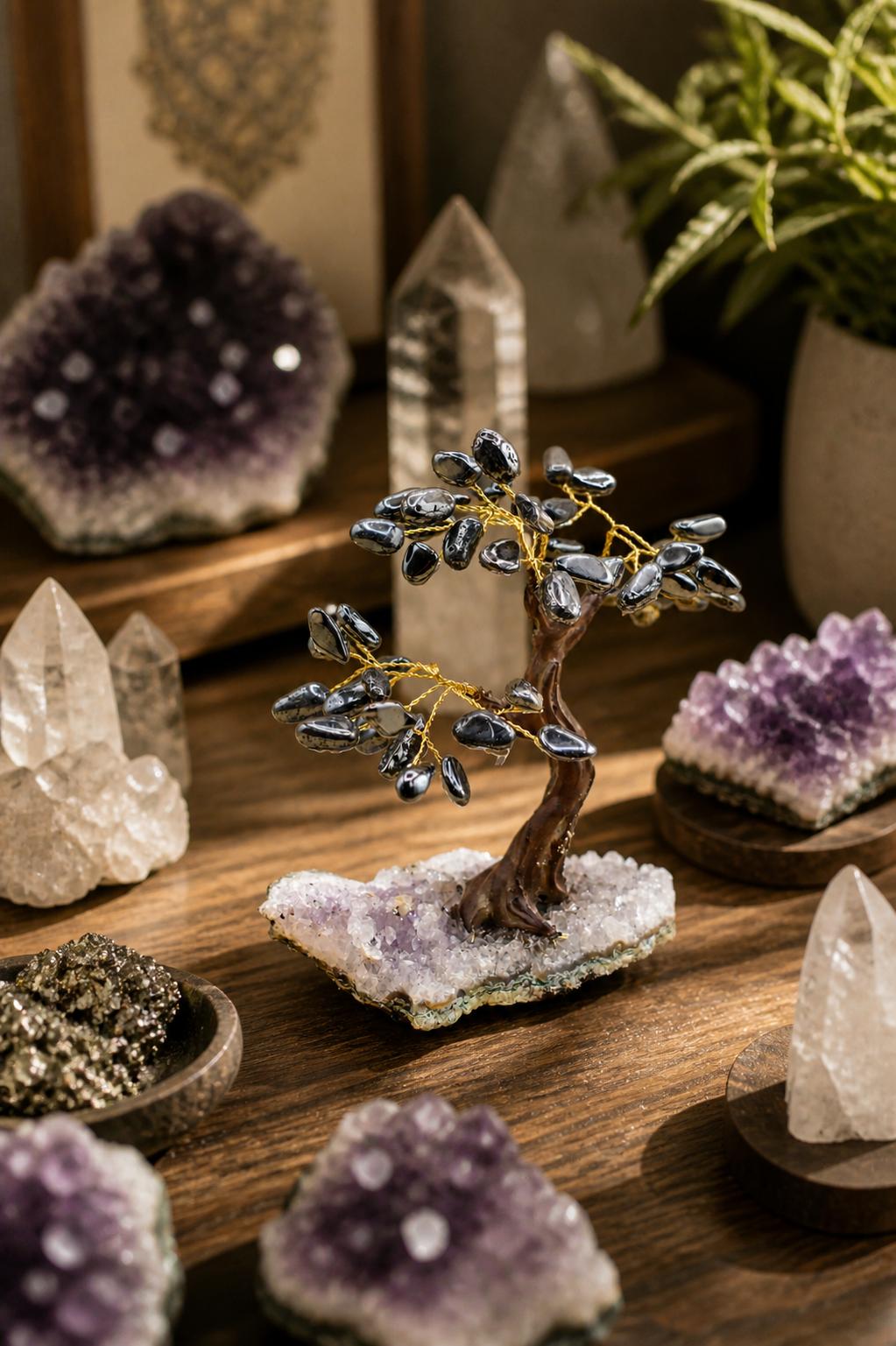 The hematite gemstone tree among a curated collection of crystals and minerals on a display table.