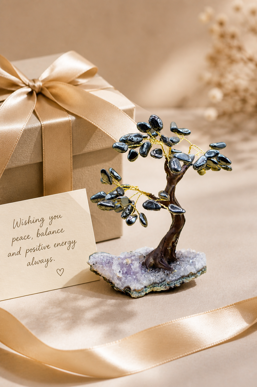 The hematite gemstone tree as a thoughtful gift, placed next to an elegant gift box with ribbon and a handwritten card. 