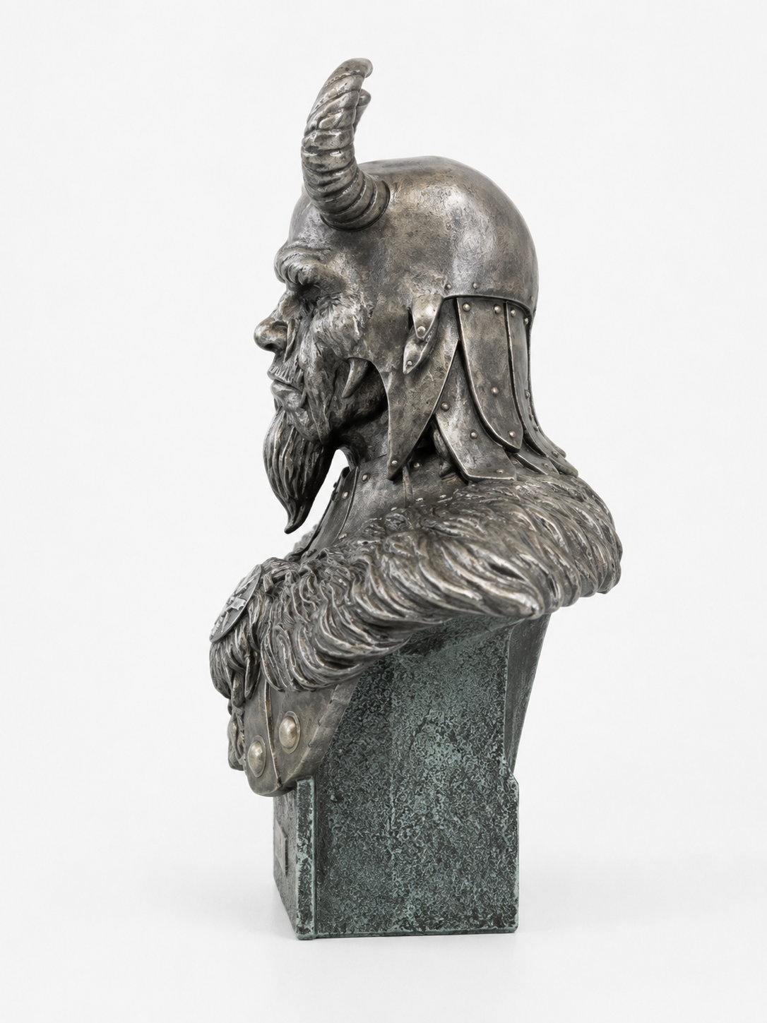 Bronze bust of Loki Armored God w/ Horns, a warrior with horns on a white background