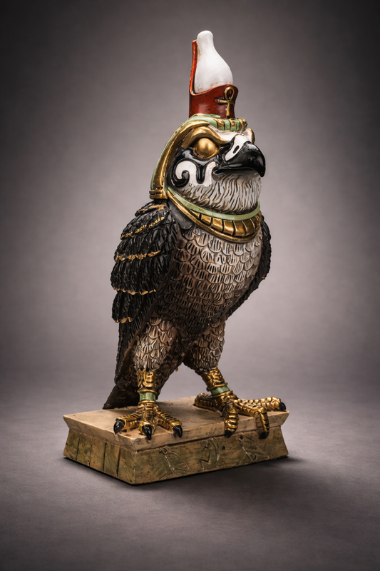 Decorative statue of an Horus eagle wearing a helmet on a gray background