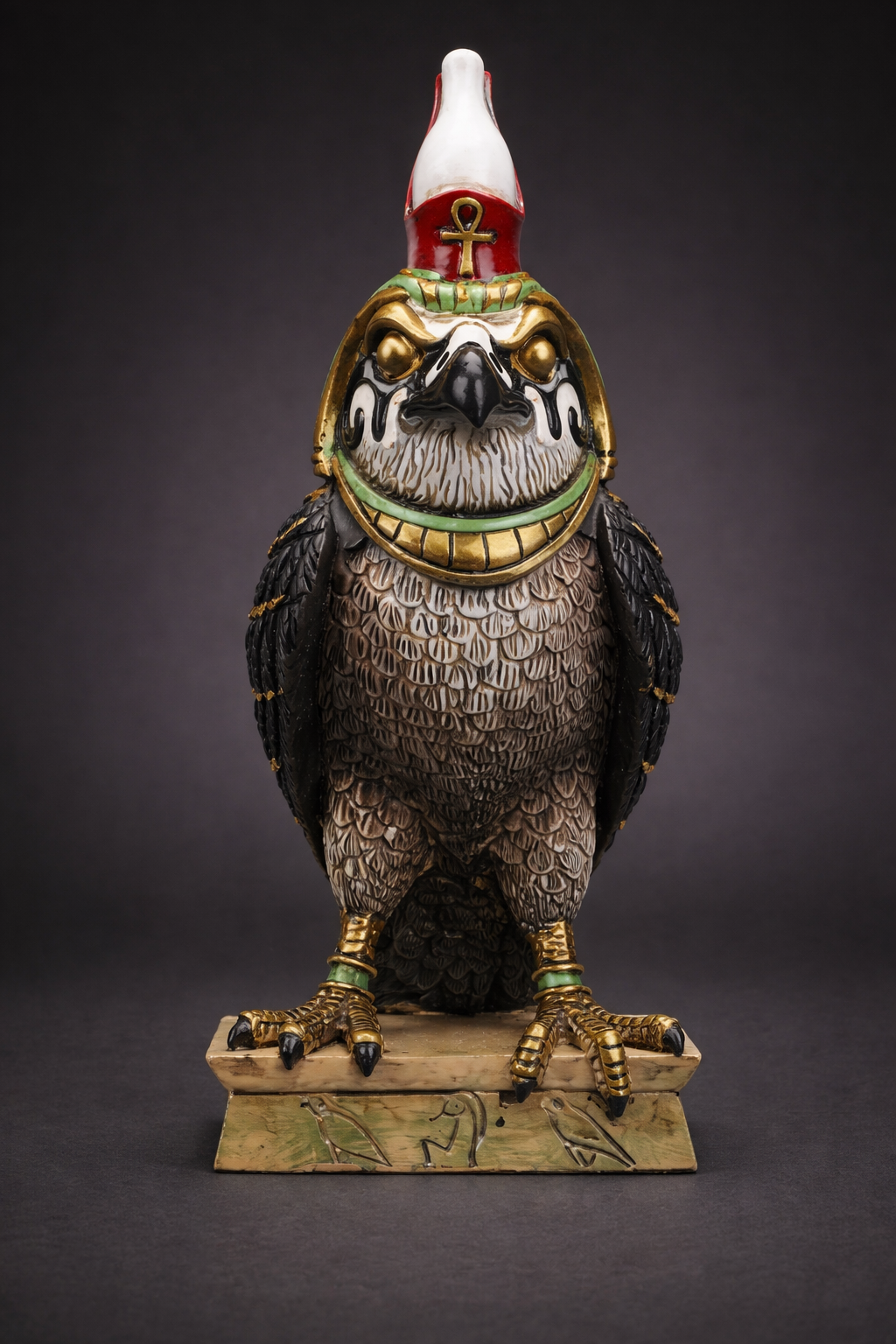 Decorative figurine of a Horus falcon with a crown on a dark background