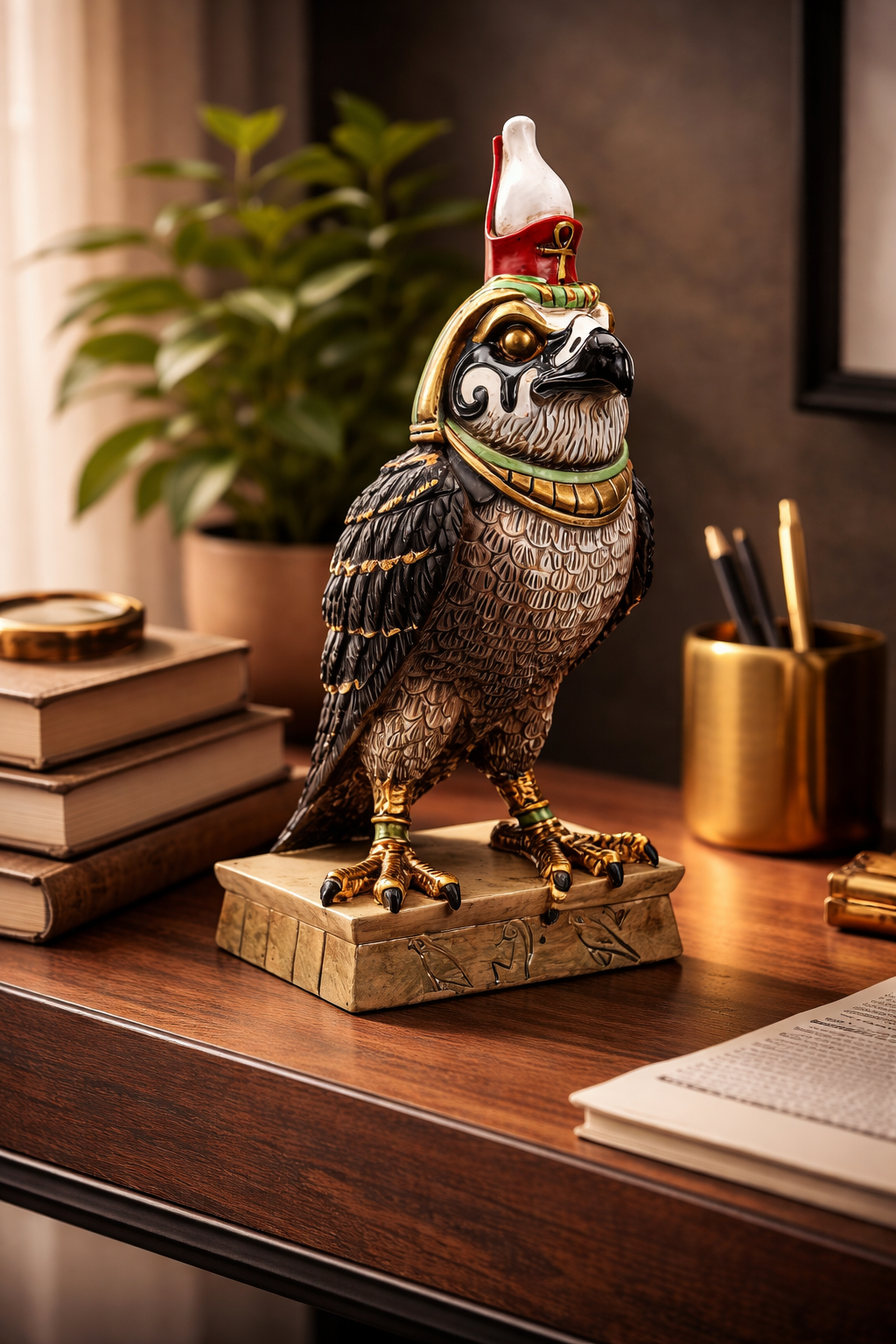 Statue of an Horus eagle with a helmet on a desk with books and a plant in the background