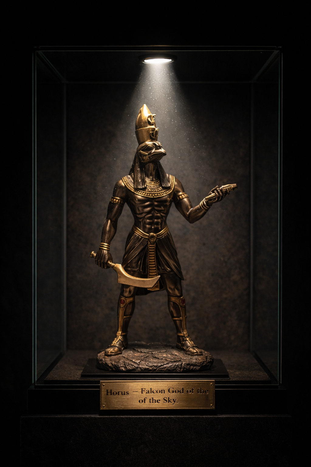 Statue of Horus god in a dark display case with spotlight