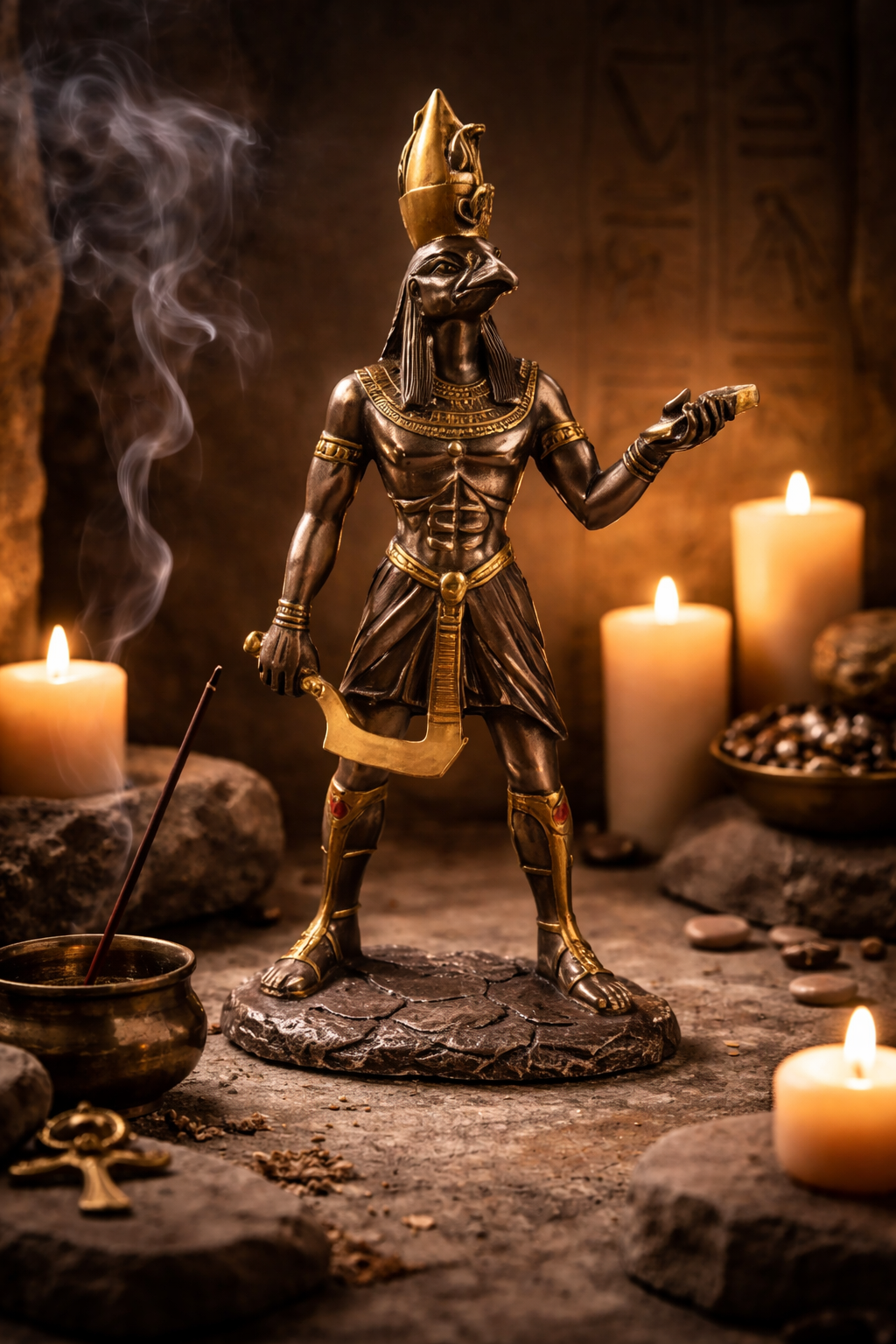 Bronze statue of an Horus figure with candles and incense in an ancient Egyptian setting