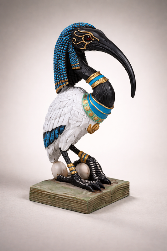 Decorative statue of a bird with Egyptian-style headdress on a beige background