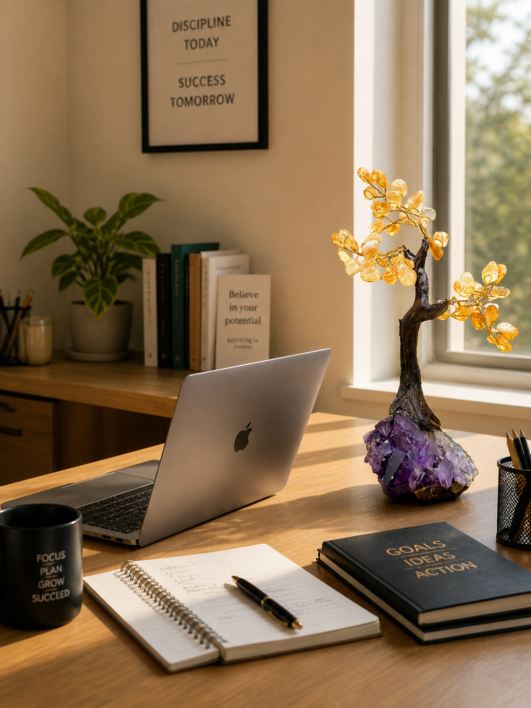 A modern desk setup with a laptop, notebooks, and the citrine gemstone tree positioned beside them, symbolizing creativity and prosperity, with the user glancing at it for motivation during work.