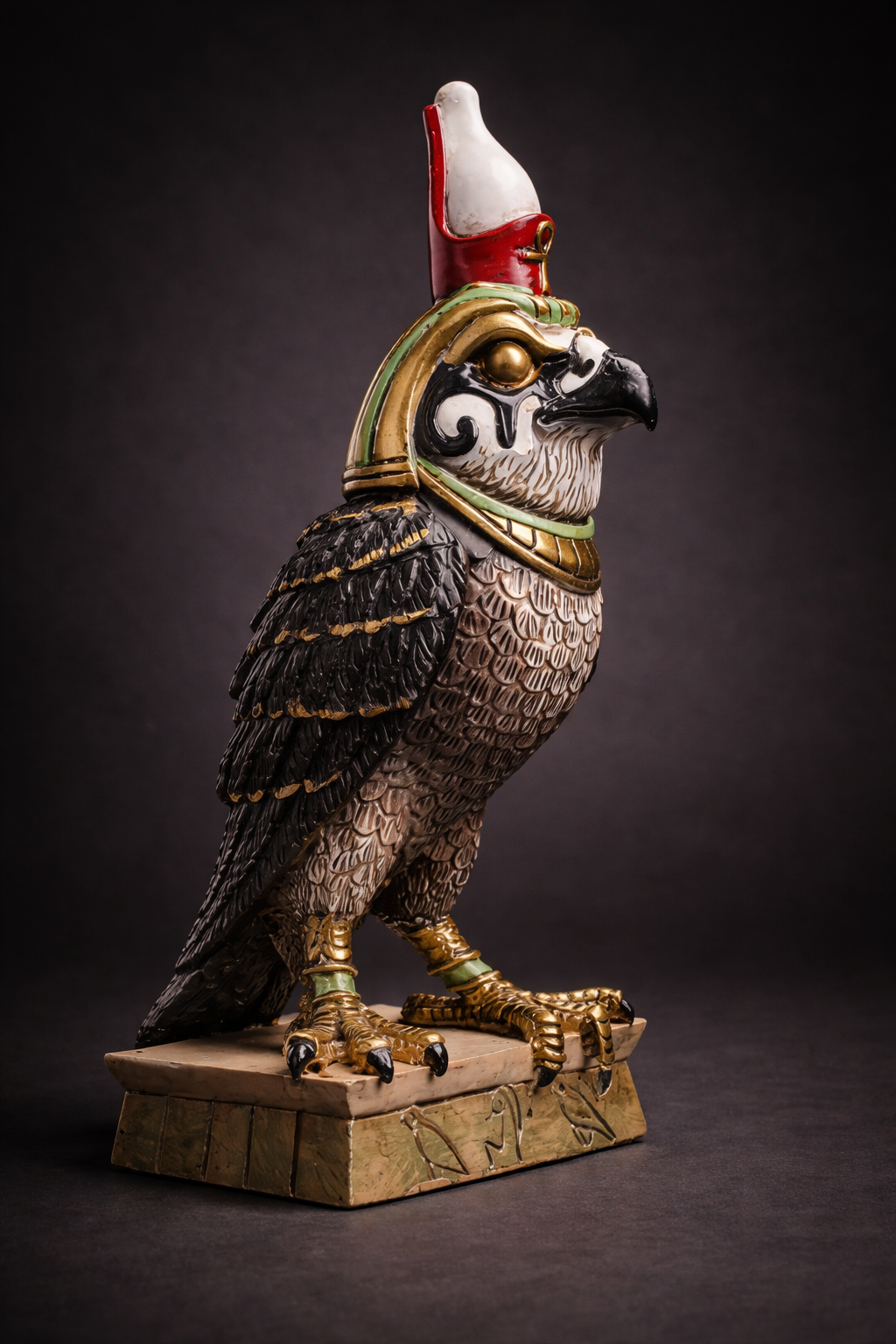 Statue of a Horus falcon with a headdress on a dark background