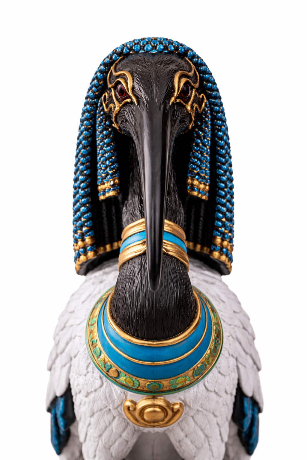 Statue of a bird, likely a pelican, wearing an Egyptian-style headdress with blue and gold details on a white background.