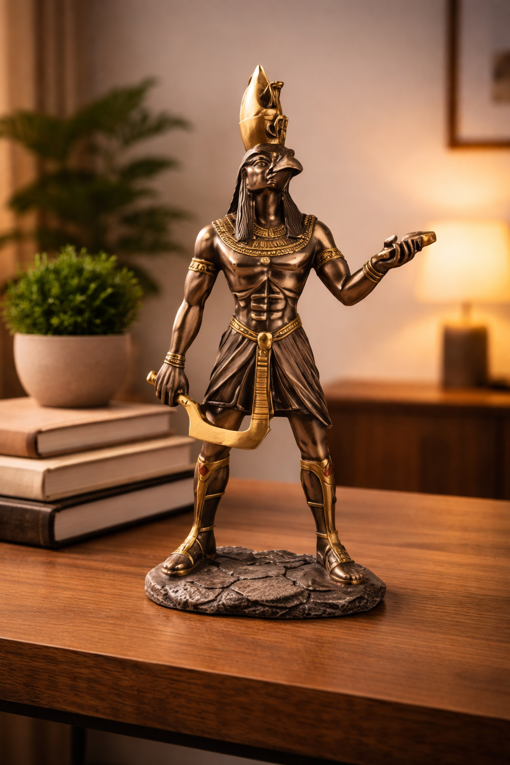 Bronze statue of an Egyptian god Horus  on a wooden surface with a warm background