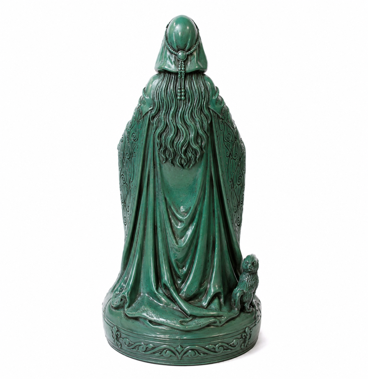 Goddess Danu statue from a perfectly centered back-facing hero angle, preserving 100% of the original sculpture, proportions, textures, and green metallic patina finish.